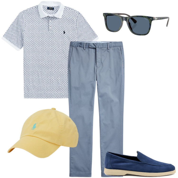 Outfit uomo - Giornata al mare. Stile Trendy per Mare. Abbinamento con cappelli, pantaloni chino, occhiali da sole, polo, scarpe stringate.