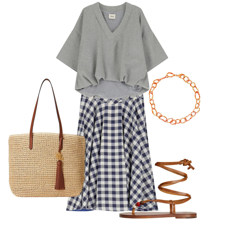 Outfit donna - Le marché aux fleurs. Stile Bon Ton per Tutti i giorni. Abbinamento con collane, gonne, t-shirt, borse tote, sandali gioiello.