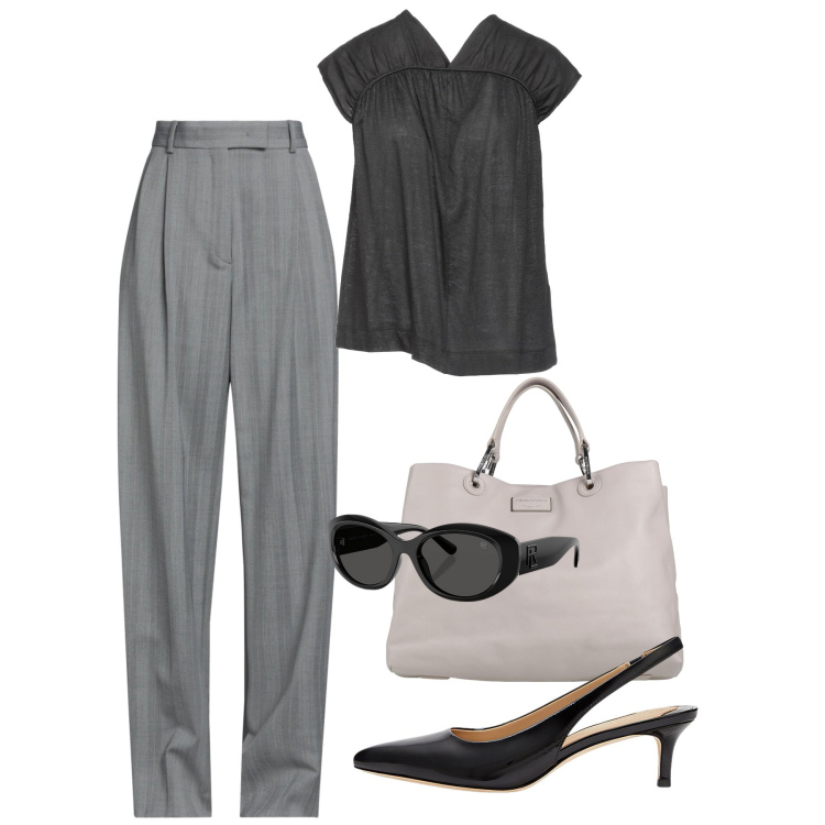 Outfit donna - Gris. Stile Minimal per Tutti i giorni. Abbinamento con pantaloni, top, borse a mano, occhiali da sole, décolleté.