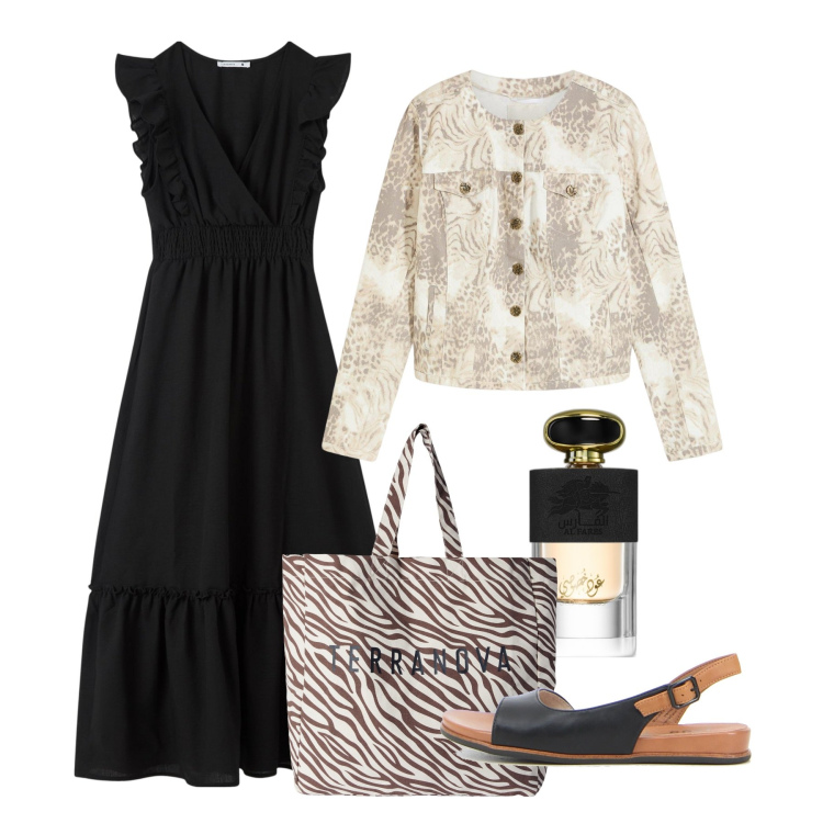 Outfit donna - Maggio. Stile Romantica per Tutti i giorni. Abbinamento con blazer, profumi, borse tote, vestiti lunghi, sandali.