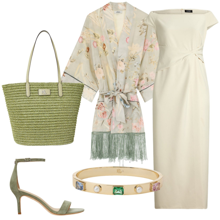 Outfit donna - Total look #2129862. Stile Chic per Serata fuori. Abbinamento con trench, vestiti lunghi, sandali in pelle, borse tote, braccialetti.