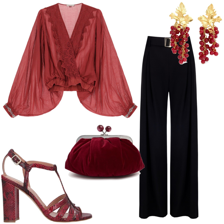 Outfit donna - Cerimonia a maggio. Stile Chic per Cerimonia. Abbinamento con sandali in pelle, camicie, pantaloni, orecchini, pochette.