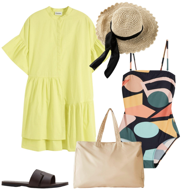 Outfit donna - Geometria estiva. Stile Basic per Mare. Abbinamento con costumi interi, cappelli, shopping bag, vestiti, ciabatte.