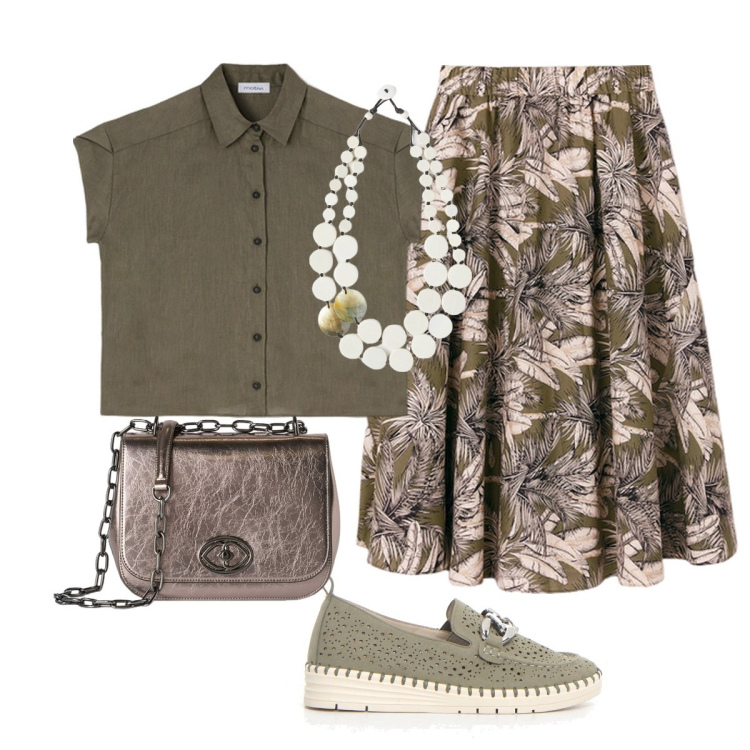 Outfit donna - In città. Stile Urban per Tutti i giorni. Abbinamento con mocassini, gonne longuette, ciondoli, borse a tracolla, camicie a manica corta.