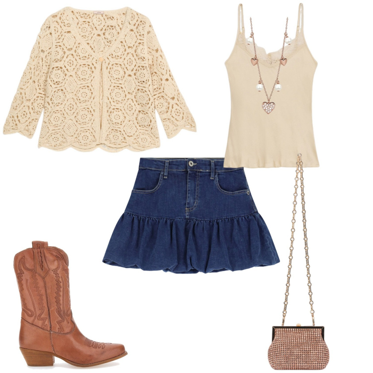 Outfit donna - Preppy country serata speciale. Stile Preppy per Serata fuori. Abbinamento con collane, minigonne, stivaletti, cardigans, clutch, top.