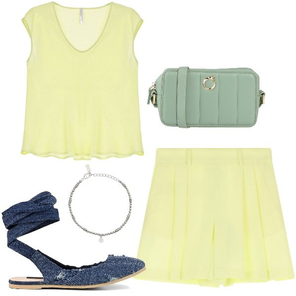 Outfit donna - Tinte pastello: delicatezza primaverile. Stile Basic per Tutti i giorni. Abbinamento con borse a tracolla, braccialetti con ciondoli, gonne, top, ballerine.
