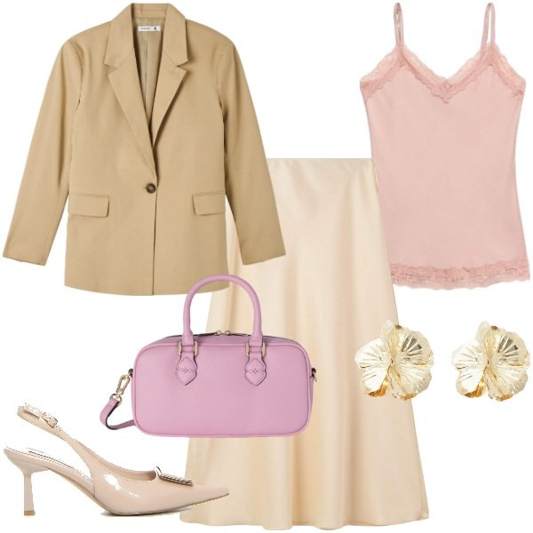 Outfit donna - L\'eleganza del tailleur. Stile Chic per Ufficio. Abbinamento con gonne lunghe, blazer, orecchini, décolleté, top, borse a mano.