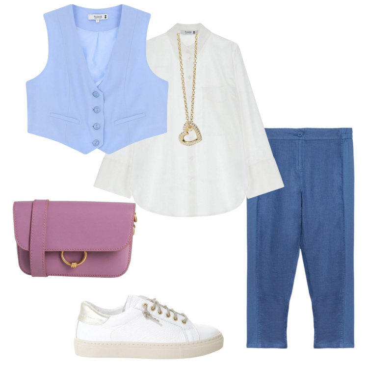 Outfit donna - Il pomeriggio. Stile Basic per Tutti i giorni. Abbinamento con borse a tracolla, collane, gilet, camicie, sneakers, pantaloni.