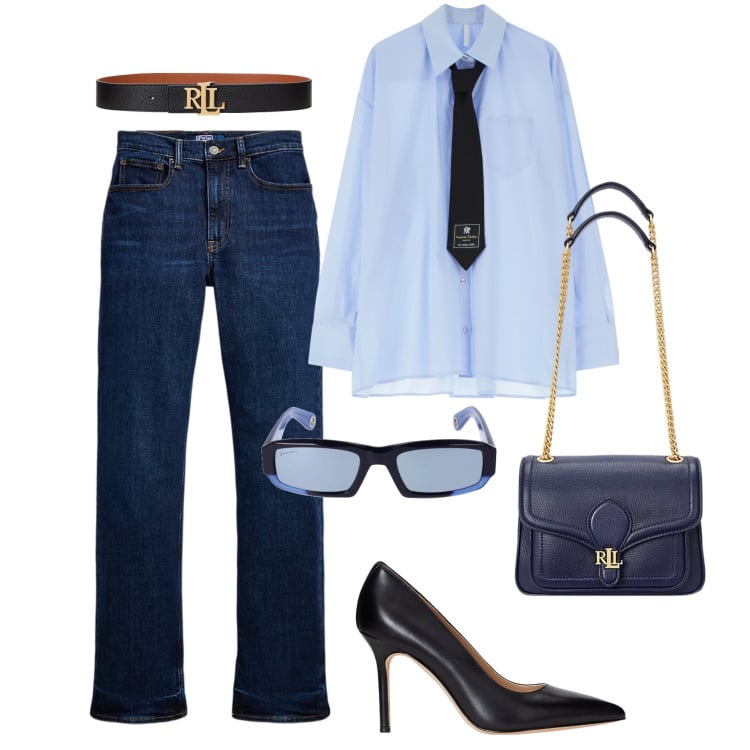 Outfit donna - Jeans, cravatta e tacchi. Stile Casual chic per Ufficio. Abbinamento con camicie, cinture, jeans dritti, borse a spalla, décolleté, occhiali da sole.
