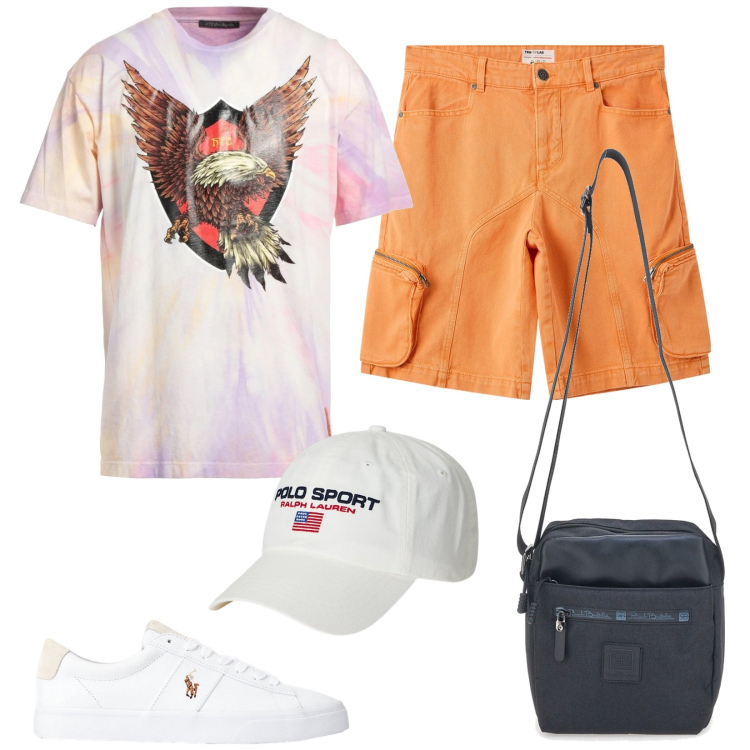 Outfit uomo - Colori vitaminici in vacanza. Stile Urban per Tutti i giorni. Abbinamento con t-shirt, pantaloni corti, sneakers, berretti, portafogli.