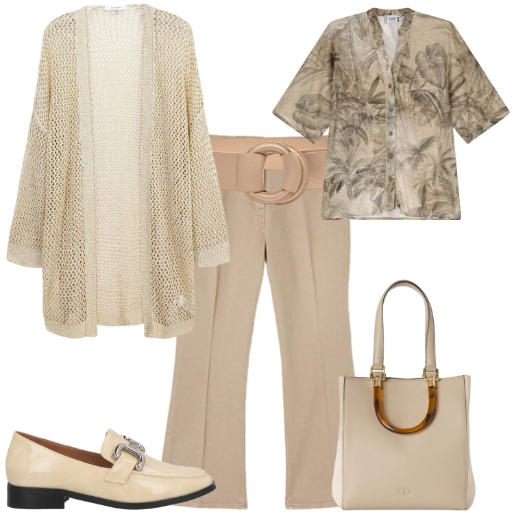 Outfit donna - Total look #2129928. Stile Trendy per Ufficio. Abbinamento con mocassini, kimono, camicie a manica corta, shopping bag, pantaloni, cinture.