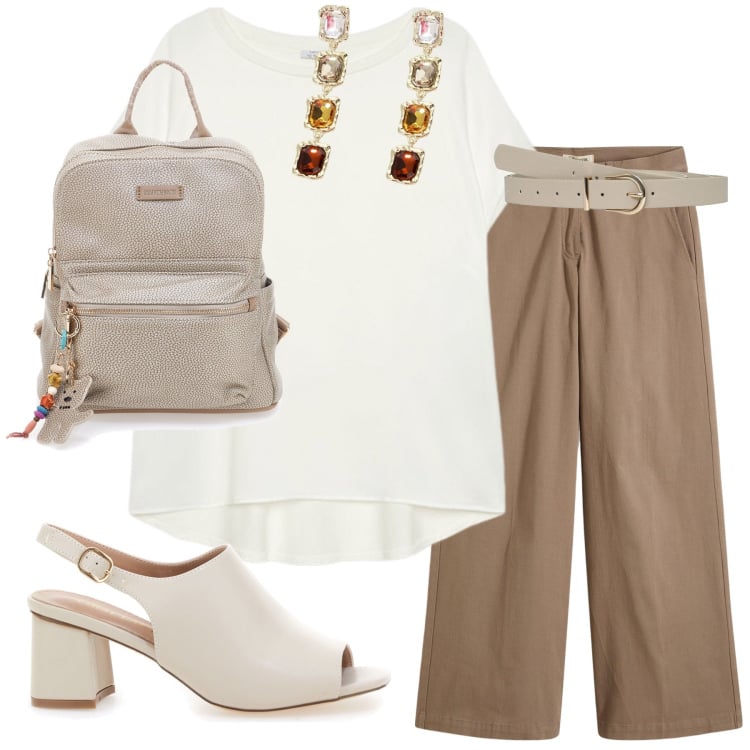 Outfit donna - Total look #2129939. Stile Minimal per Ufficio. Abbinamento con pantaloni, cinture, orecchini, sandali col tacco, bluse, zaini.