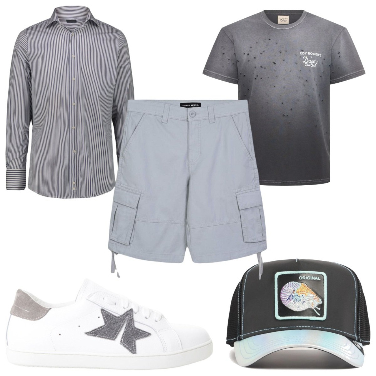 Outfit uomo - Total look #2129948. Stile Trendy per Tutti i giorni. Abbinamento con sneakers, bermuda, camicie, cappelli con visiera, t-shirt.