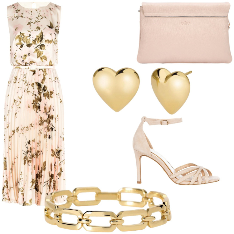 Outfit donna - A pranzo con la mamma. Stile Chic Abbinamento con braccialetti, orecchini, vestiti midi/longuette, sandali col tacco, borse a tracolla.