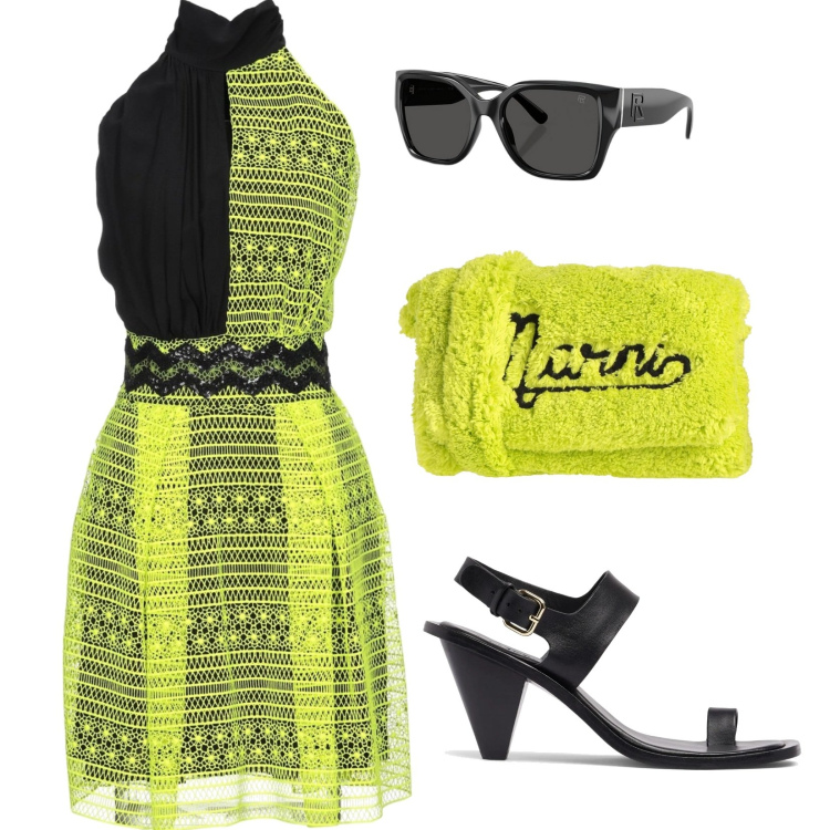 Outfit donna - Abito Custo. Stile Chic per Serata fuori. Abbinamento con vestiti midi/longuette, borse a tracolla, occhiali da sole, sandali in pelle.