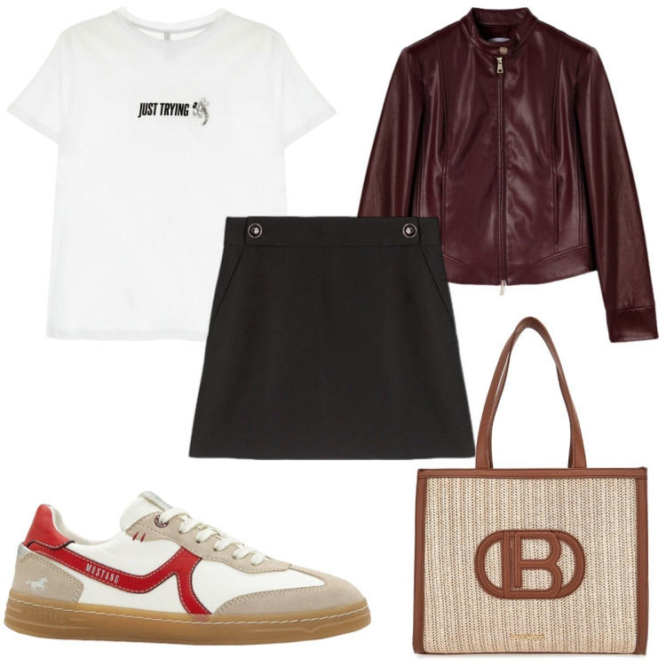 Outfit donna - Total look #2129966. Stile Trendy per Tutti i giorni. Abbinamento con sneakers, t-shirt, borse a spalla, blazer, minigonne.