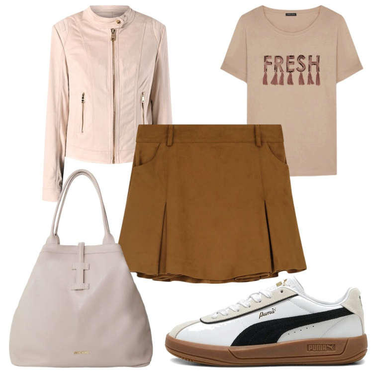 Outfit donna - Total look #2129969. Stile Trendy per Tutti i giorni. Abbinamento con blazer, minigonne, borse tote, t-shirt, sneakers.