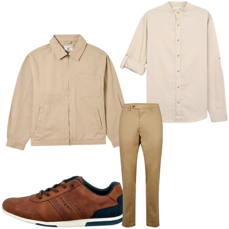 Outfit uomo - In beige. Stile Casual per Tutti i giorni. Abbinamento con camicie, giacche, sneakers, pantaloni chino.