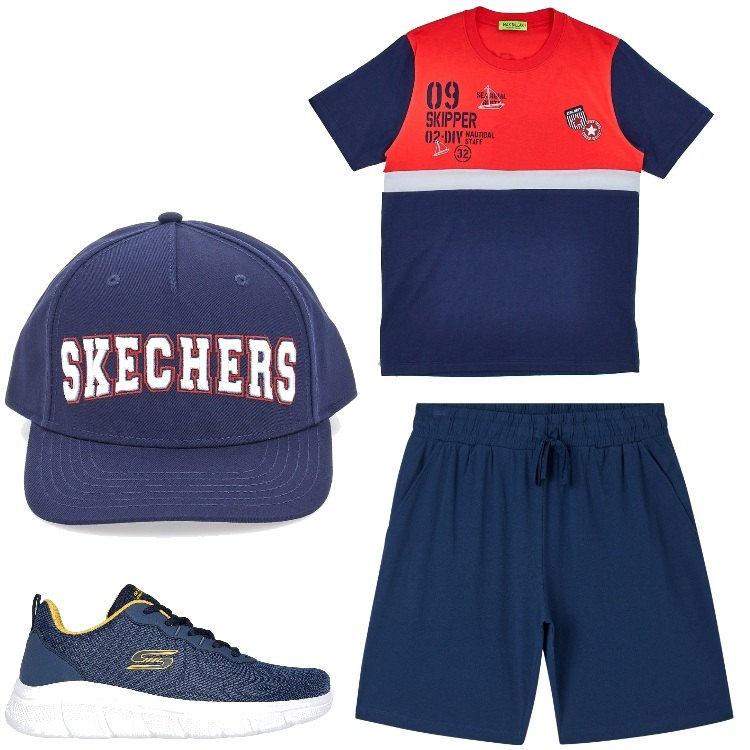 Outfit uomo - Supersport. Stile Casual per Sport. Abbinamento con pantaloni corti, cappelli, t-shirt, sneakers.