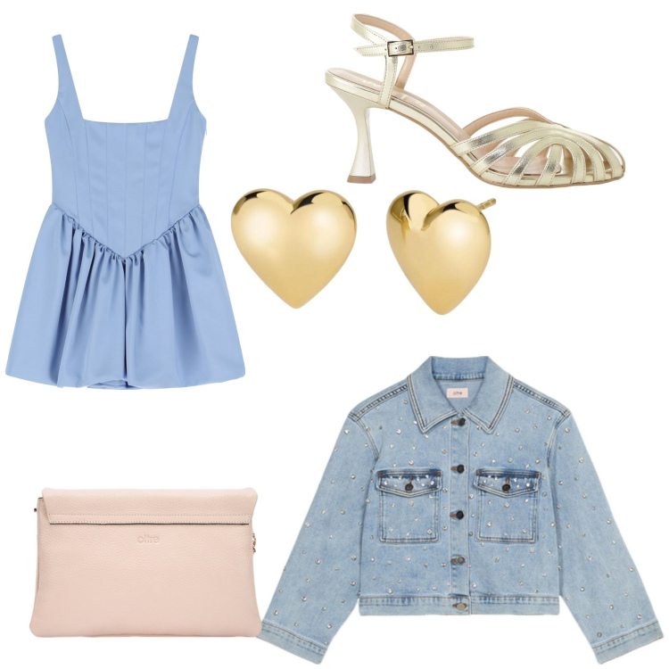 Outfit donna - L\' abitino celeste. Stile Glamour per Serata fuori. Abbinamento con orecchini, vestiti corti, sandali col tacco, borse a tracolla, blazer.