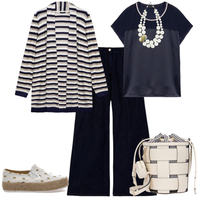 Outfit donna - Passeggiata sul lungomare. Stile Sporty chic per Tutti i giorni. Abbinamento con espadrillas, top, cardigans, jeans, borse a secchiello, ciondoli.