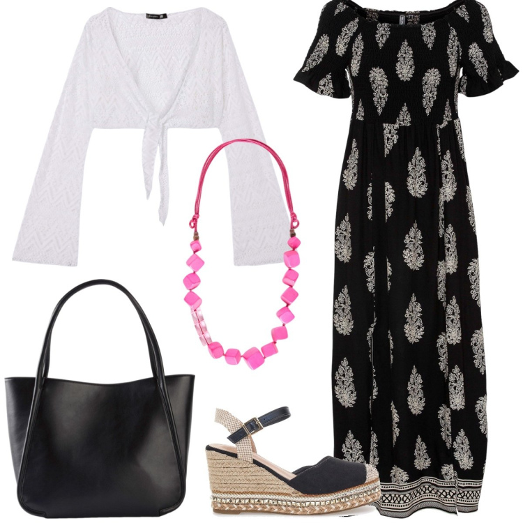 Outfit donna - Un tocco di colore. Stile Boho per Tutti i giorni. Abbinamento con shopping bag, vestiti, bolero, zeppe, collane.