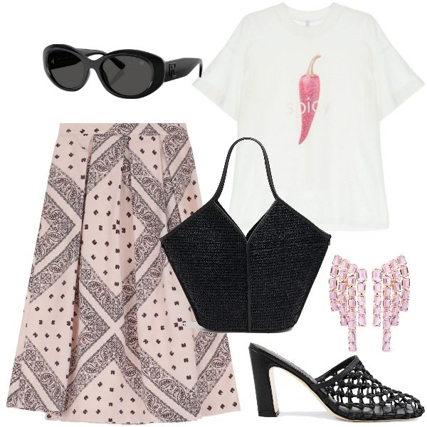 Outfit donna - In città. Stile Urban per Tutti i giorni. Abbinamento con t-shirt, gonne longuette, occhiali da sole, shopping bag, pantofole, orecchini.