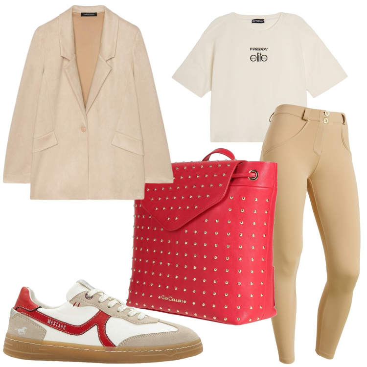 Outfit donna - Super sprintosa. Stile Casual per Tutti i giorni. Abbinamento con sneakers, zaini, pantaloni skinny, t-shirt, blazer.