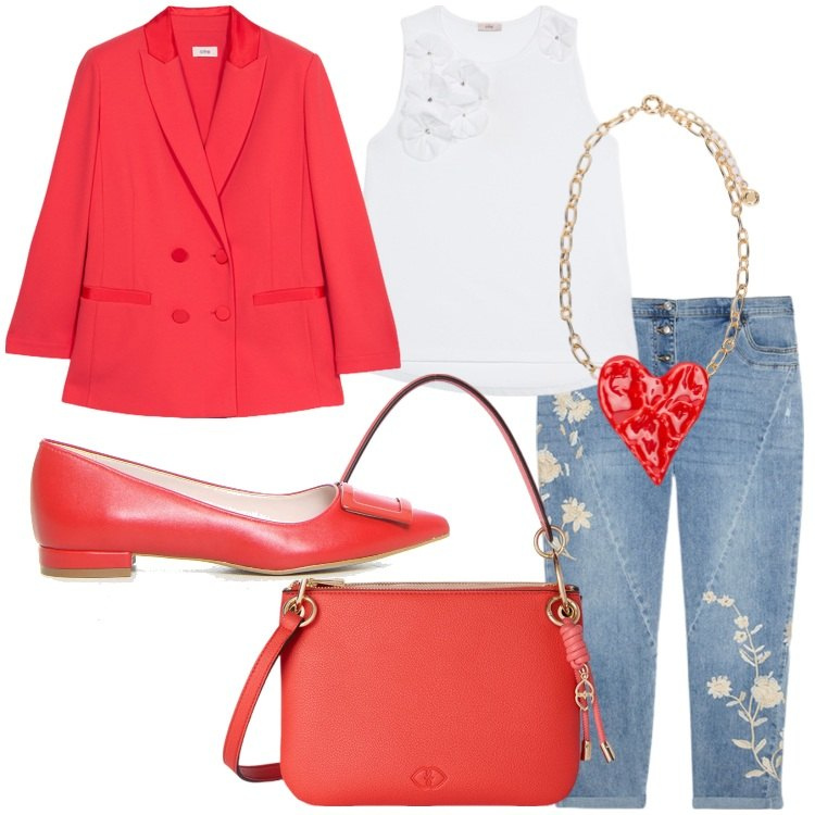 Outfit donna - Pranzo della festa della mamma. Stile Romantica per Tutti i giorni. Abbinamento con jeans, ciondoli, borse a tracolla, ballerine, blazer, top.