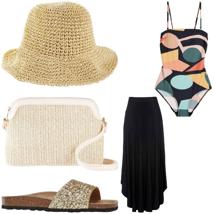 Outfit donna - Un po´gipsy. Stile Boho per Mare. Abbinamento con gonne, costumi interi, ciabatte, borse a tracolla, cappelli.