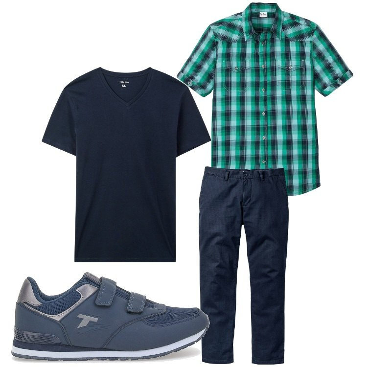 Outfit uomo - A quadretti. Stile Casual per Tutti i giorni. Abbinamento con pantaloni chino, camicie a manica corta, t-shirt, sneakers.