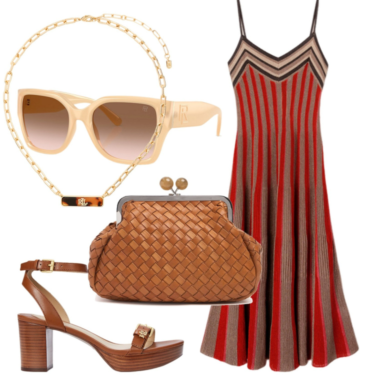 Outfit donna - Look dai toni caldi. Stile Vintage retrò per Tutti i giorni. Abbinamento con occhiali da sole, collane, sandali col tacco, pochette, vestiti.