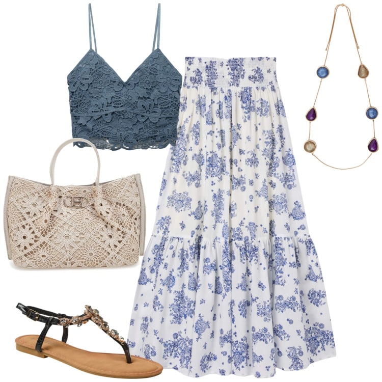 Outfit donna - La gonna lunga. Stile Boho per Tutti i giorni. Abbinamento con collane, gonne lunghe, top, sandali gioiello, borse a tracolla.