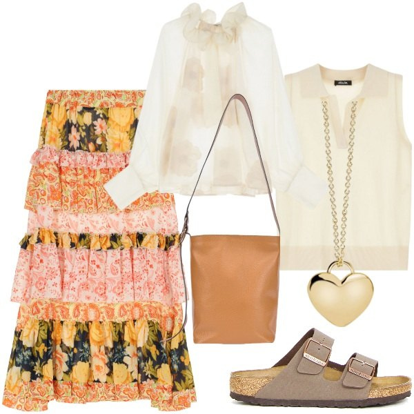 Outfit donna - NEw shop:Boscaini Scarpe!. Stile 70s per Tutti i giorni. Abbinamento con collane, maglieria, gonne lunghe, bluse, ciabatte, borse a secchiello.
