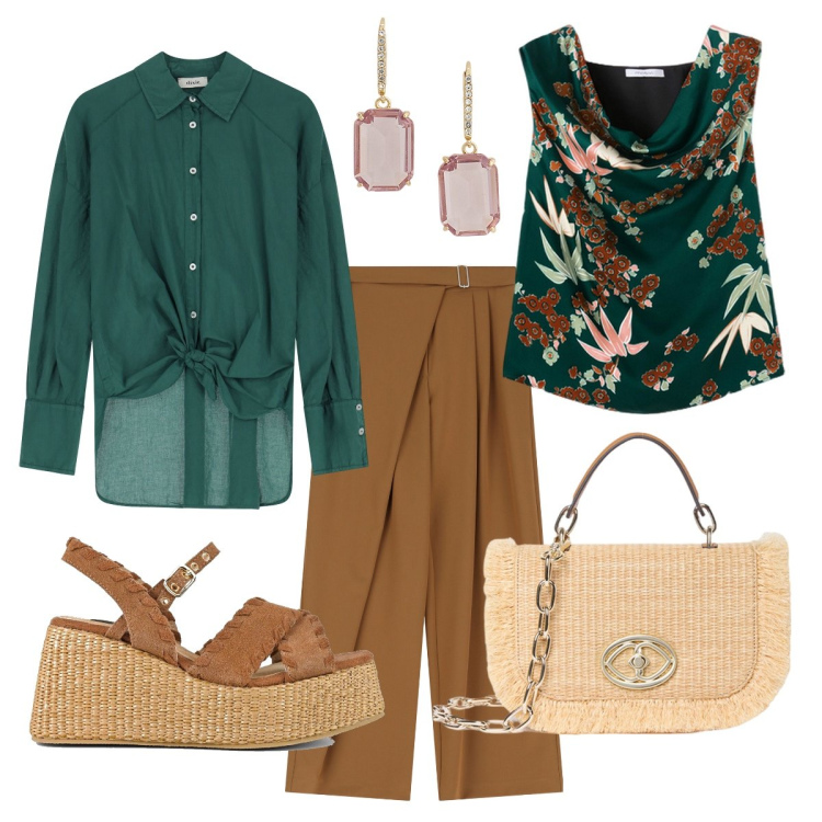 Outfit donna - Jungle bon ton. Stile Bon Ton per Tutti i giorni. Abbinamento con pantaloni a palazzo, camicie, orecchini, zeppe, top, borse a tracolla.