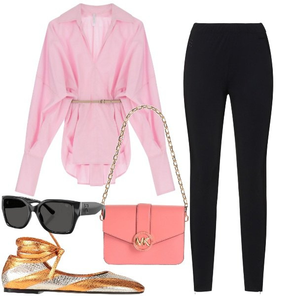 Outfit donna - Chic con poco. Stile Casual chic per Tutti i giorni. Abbinamento con borse a spalla, ballerine, camicie, occhiali da sole, leggings.