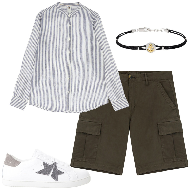 Outfit uomo - City. Stile Casual per Tutti i giorni. Abbinamento con braccialetti, sneakers, camicie, bermuda.