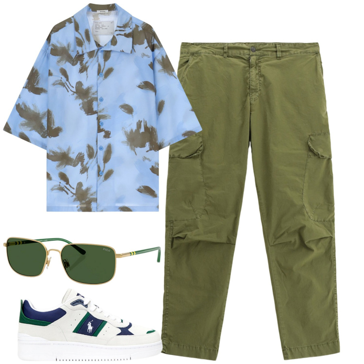 Outfit uomo - City. Stile Trendy per Tutti i giorni. Abbinamento con camicie a manica corta, pantaloni cargo, sneakers, occhiali da sole.