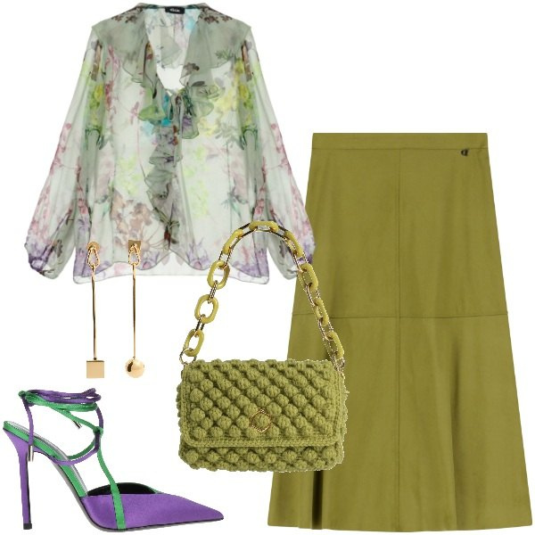 Outfit donna - Ufficio a maggio. Stile Bon Ton per Ufficio. Abbinamento con décolleté, borse a mano, gonne longuette, bluse, orecchini.