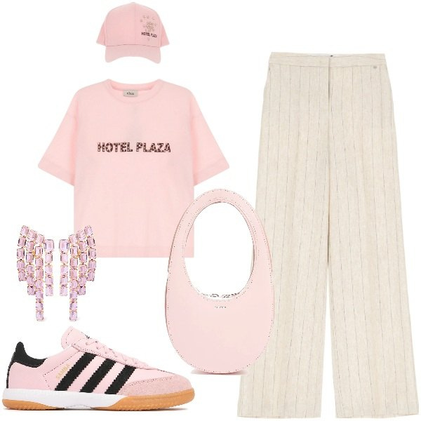 Outfit donna - Un po\' di rosa. Stile Casual chic per Tutti i giorni. Abbinamento con pantaloni a palazzo, t-shirt, sneakers, orecchini, borse a mano.