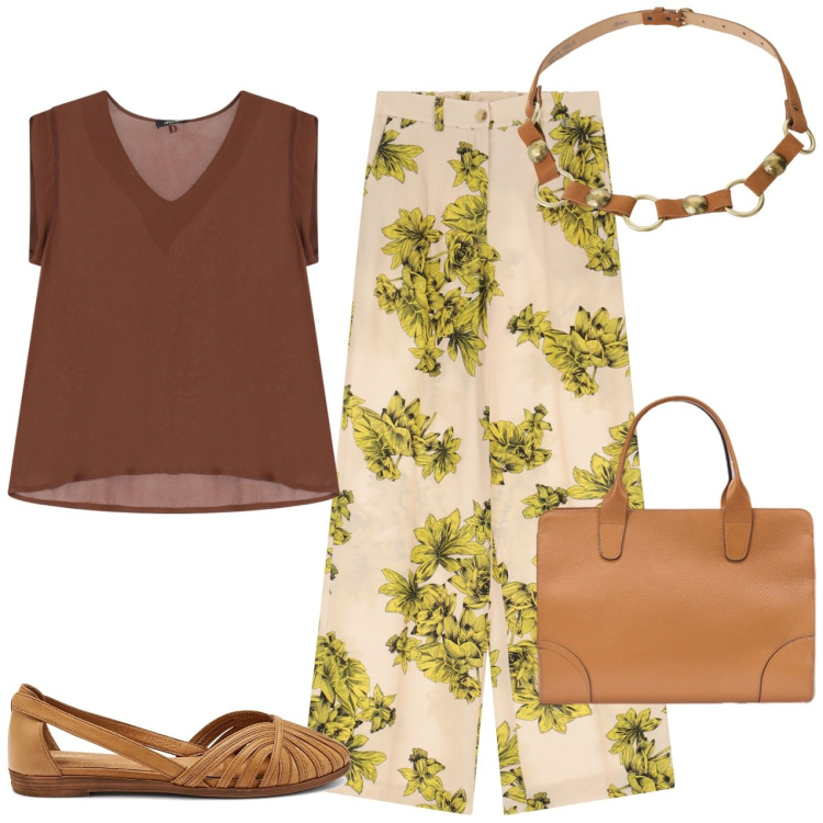 Outfit donna - Madre terra. Stile Casual per Tutti i giorni. Abbinamento con pantaloni, cinture, top, borse tote, ballerine.