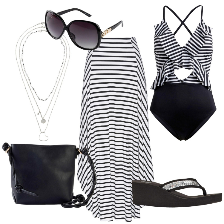 Outfit donna - Gonna lunga per la spiaggia. Stile Glamour per Mare. Abbinamento con infradito, occhiali da sole, collane, costumi interi, gonne, borse a tracolla.