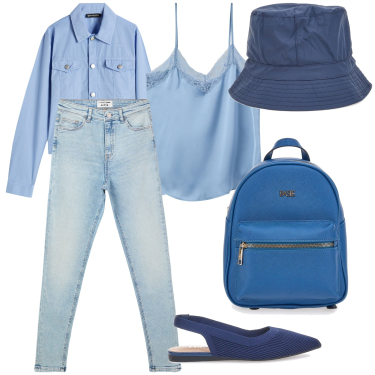 Outfit donna - Total look. Stile Sporty chic per Tutti i giorni. Abbinamento con jeans skinny, top, blazer, ballerine, zaini, berretti.