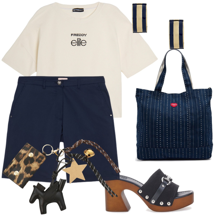 Outfit donna - Quasi estate. Stile Casual chic per Tutti i giorni. Abbinamento con t-shirt, portachiavi, orecchini, zoccoli, bermuda, borse tote.