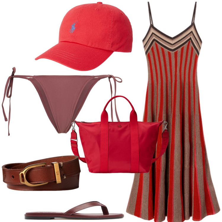 Outfit donna - Abito e pure copricostume. Stile Trendy per Mare. Abbinamento con braccialetti, cappelli, borse tote, vestiti, ciabatte, bikini.