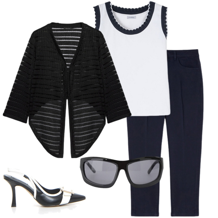Outfit donna - Boscaini scarpe. Stile Chic per Serata fuori. Abbinamento con occhiali da sole, bolero, pantaloni, top, décolleté.