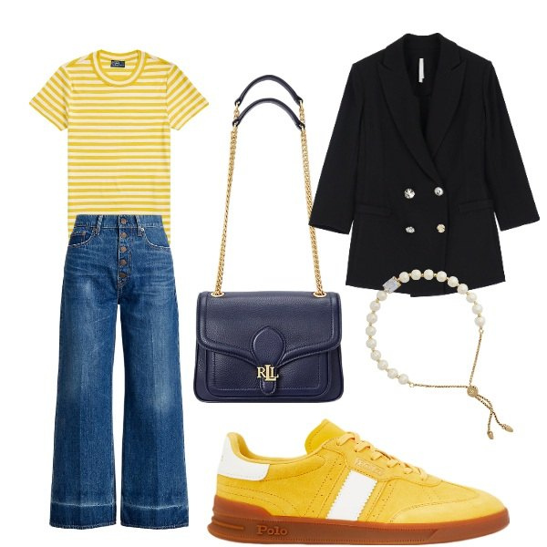 Outfit donna - nel sole. Stile Sporty chic per Tutti i giorni. Abbinamento con blazer, borse a spalla, braccialetti, jeans, t-shirt, sneakers.