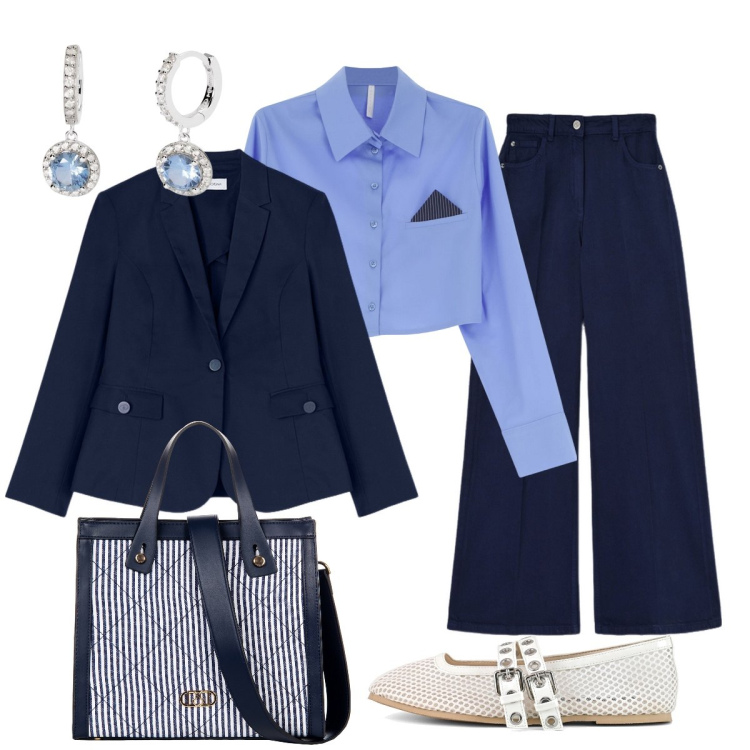 Outfit donna - In ufficio stile mannish. Stile Mannish per Ufficio. Abbinamento con orecchini, shopping bag, camicie, ballerine, pantaloni, blazer.