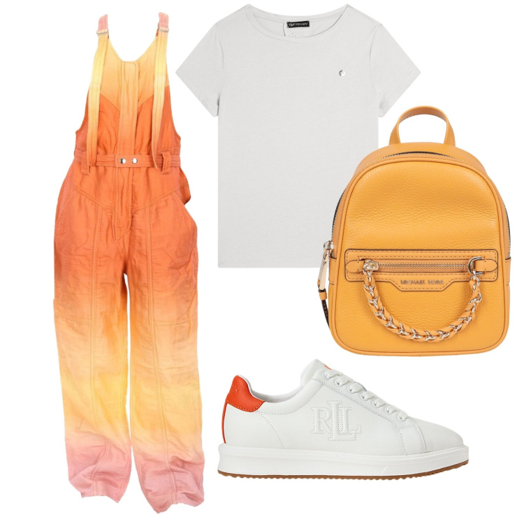 Outfit donna - Tuta color. Stile Basic per Tutti i giorni. Abbinamento con zaini, salopette, t-shirt, sneakers.