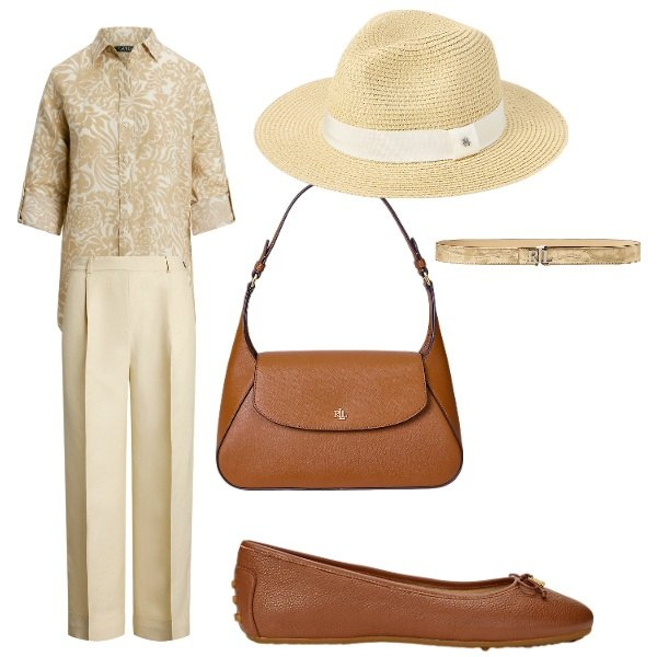 Outfit donna - primo caldo. Stile Sporty chic per Tutti i giorni. Abbinamento con borse a spalla, camicie, cappelli, ballerine, cinture, pantaloni.